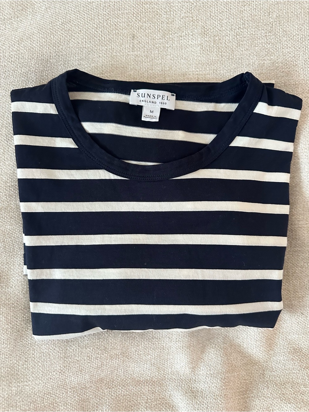 Sunspel Navy and White Breton Stripe Tee